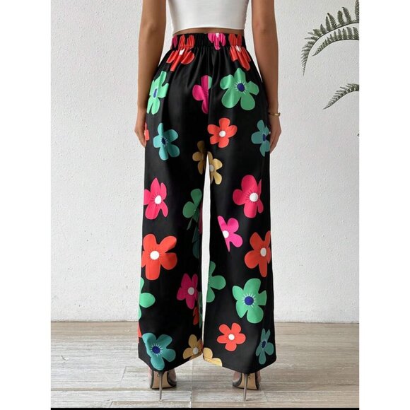 Rainbow colorful flower power high waisted wide leg palazzo pants black - Picture 2 of 3